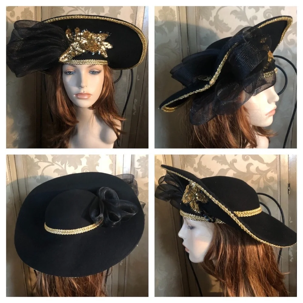 Vintage Couture Wide Brim Black & Gold Hat - Picture 13 of 14